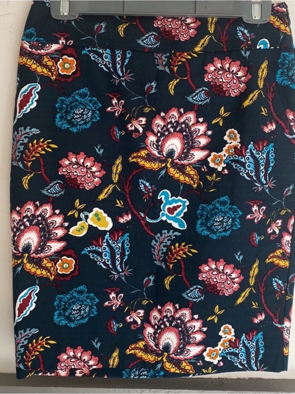 LOFT Navy Floral Pencil Skirt with Teal, Pink & Yellow Accents
